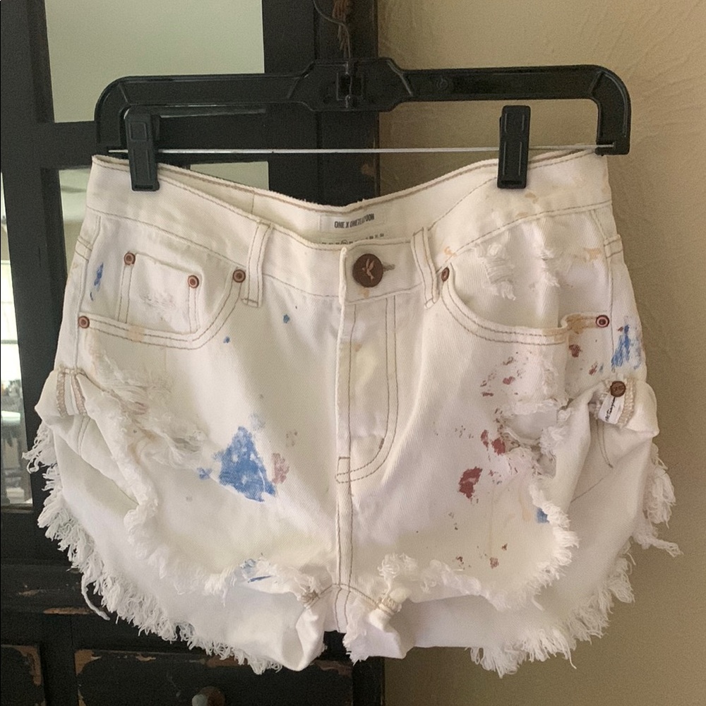 One Teaspoon White and Blue Distressed Jean Shorts